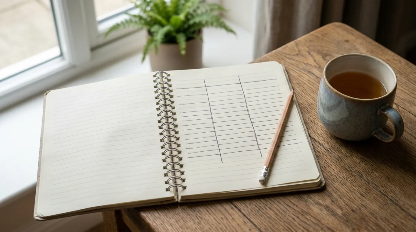 An open notebook with a simple hand-drawn thought record beside a mug of tea on a desk in soft daylight, suggesting CBT for anxiety
