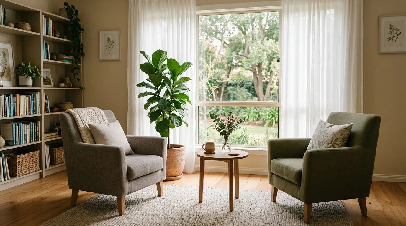 Two armchairs angled toward each other in a bright, calm room with a plant and a window, ready for a counselling session