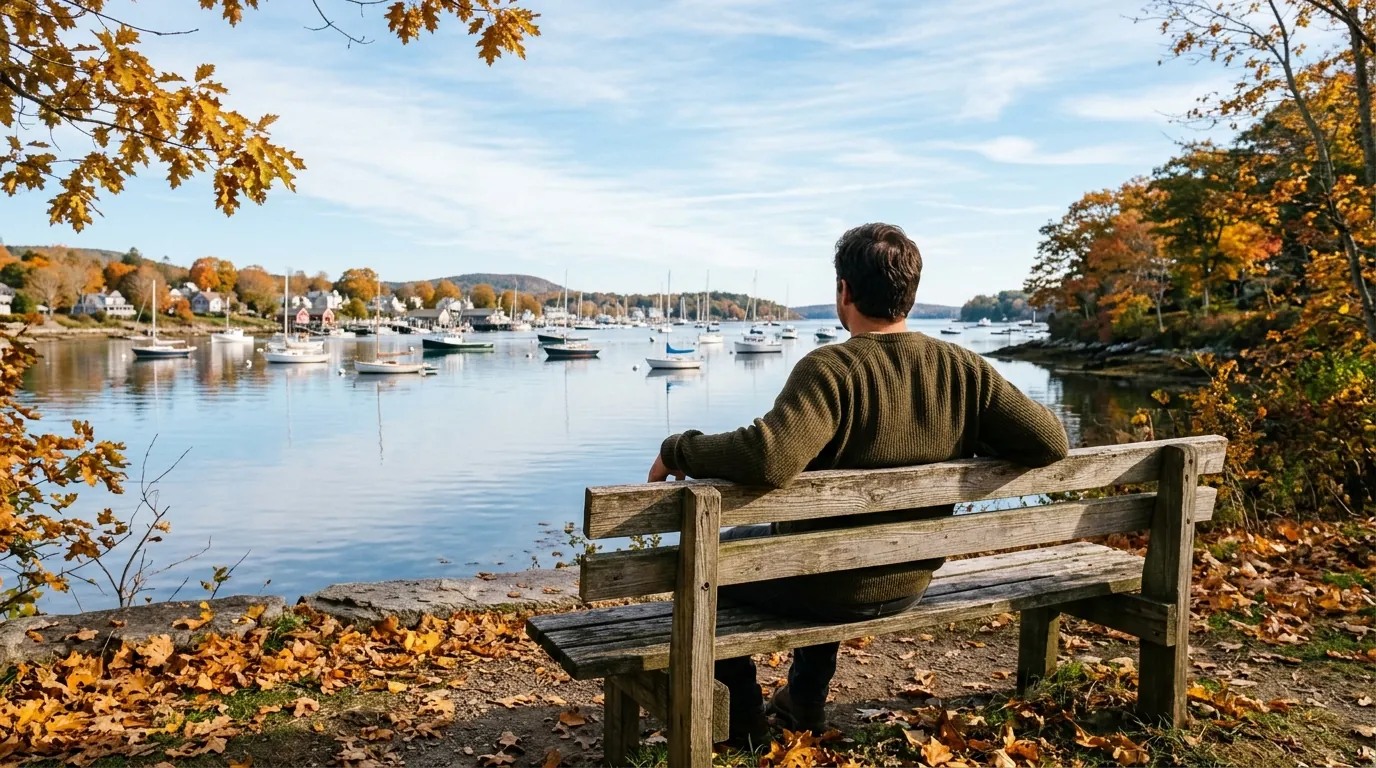 A person seen from behind sitting on a bench overlooking calm harbour water on a clear autumn morning, taking a quiet moment between CBT sessions