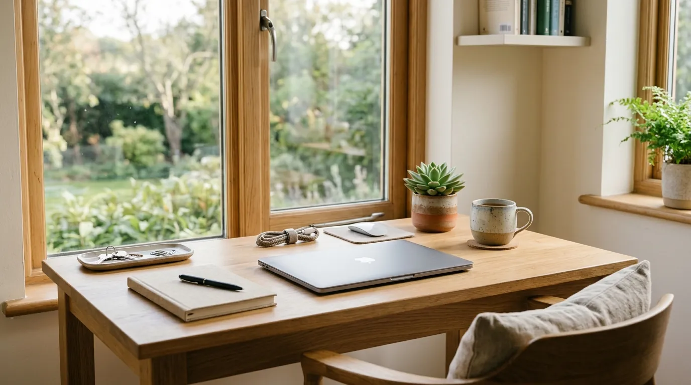 A tidy desk by a window with a laptop closed, a small plant and a mug, in soft afternoon light