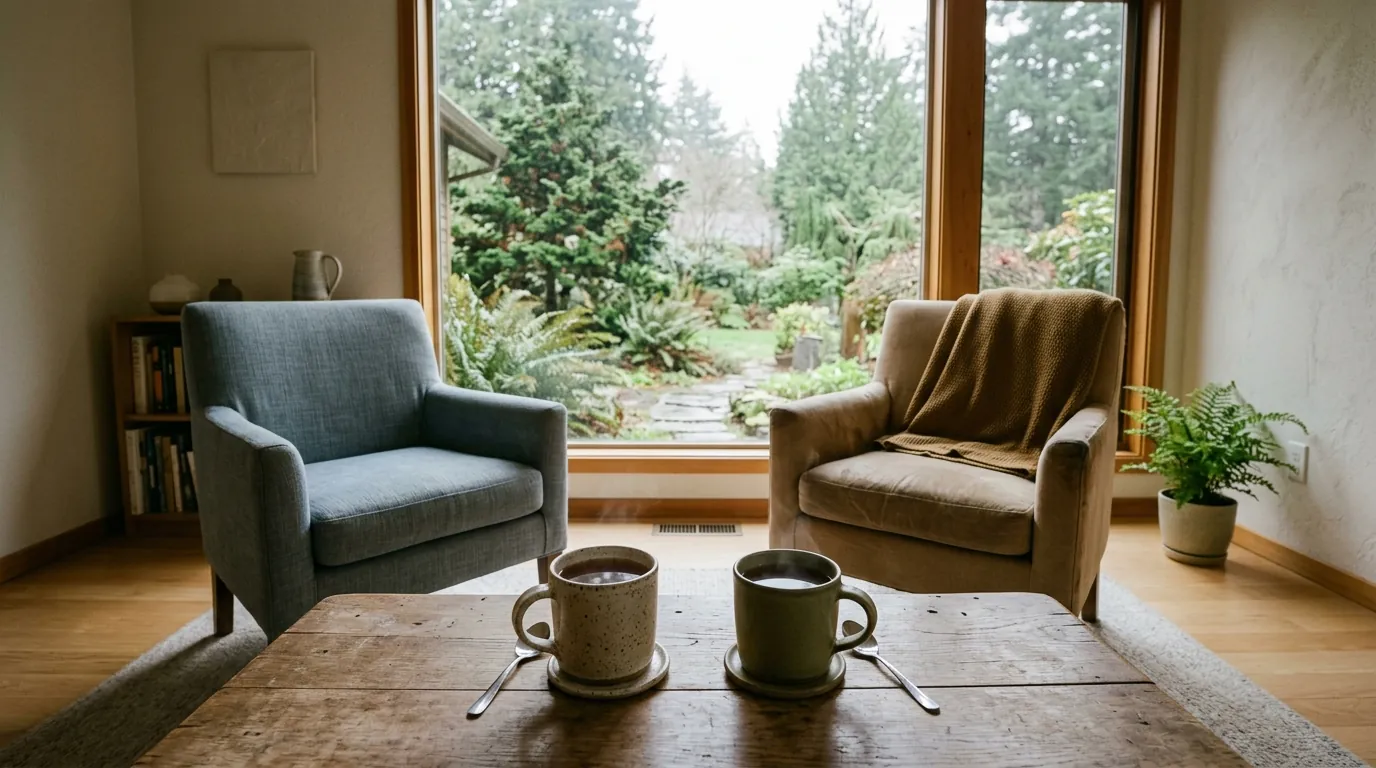 Two mugs of tea on a wooden table by a window with two empty chairs set slightly apart, a quiet setting for couples counselling after an affair