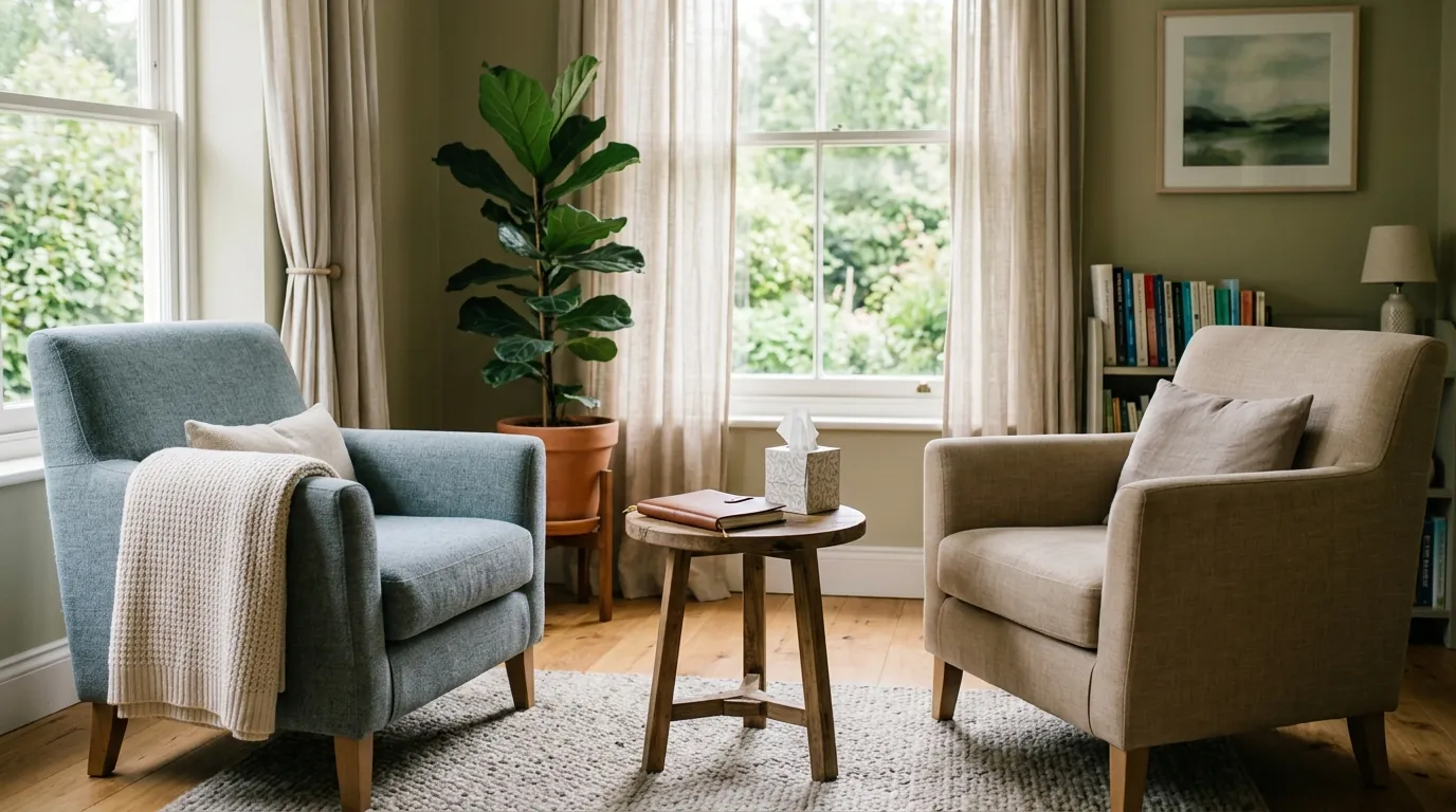 A quiet counselling room with two armchairs angled toward each other, a side table with a notebook, and soft daylight