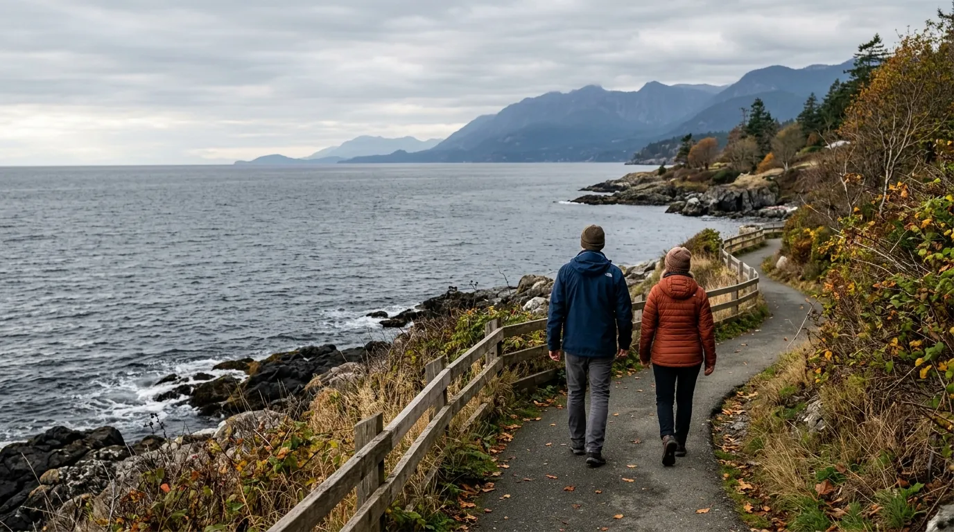 Two people walking side by side along a seaside path on an overcast autumn day, seen from behind