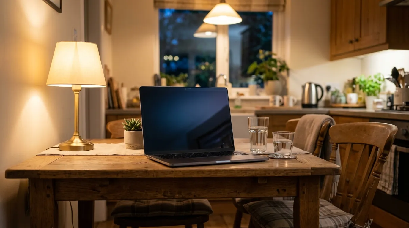 A laptop on a kitchen table set up for an online couples counselling session with two chairs side by side