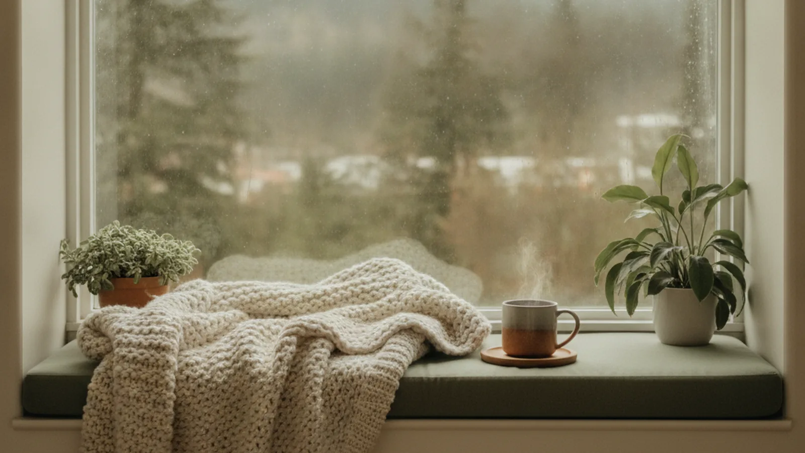 A quiet window seat with a blanket and a cup of tea in soft, overcast light, suggesting rest and recovery after a concussion
