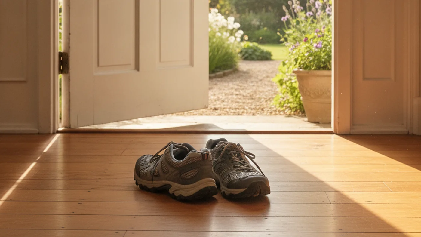 A pair of walking shoes resting beside a doorway with soft daylight falling across a wooden floor, suggesting a gentle, paced return to daily activity