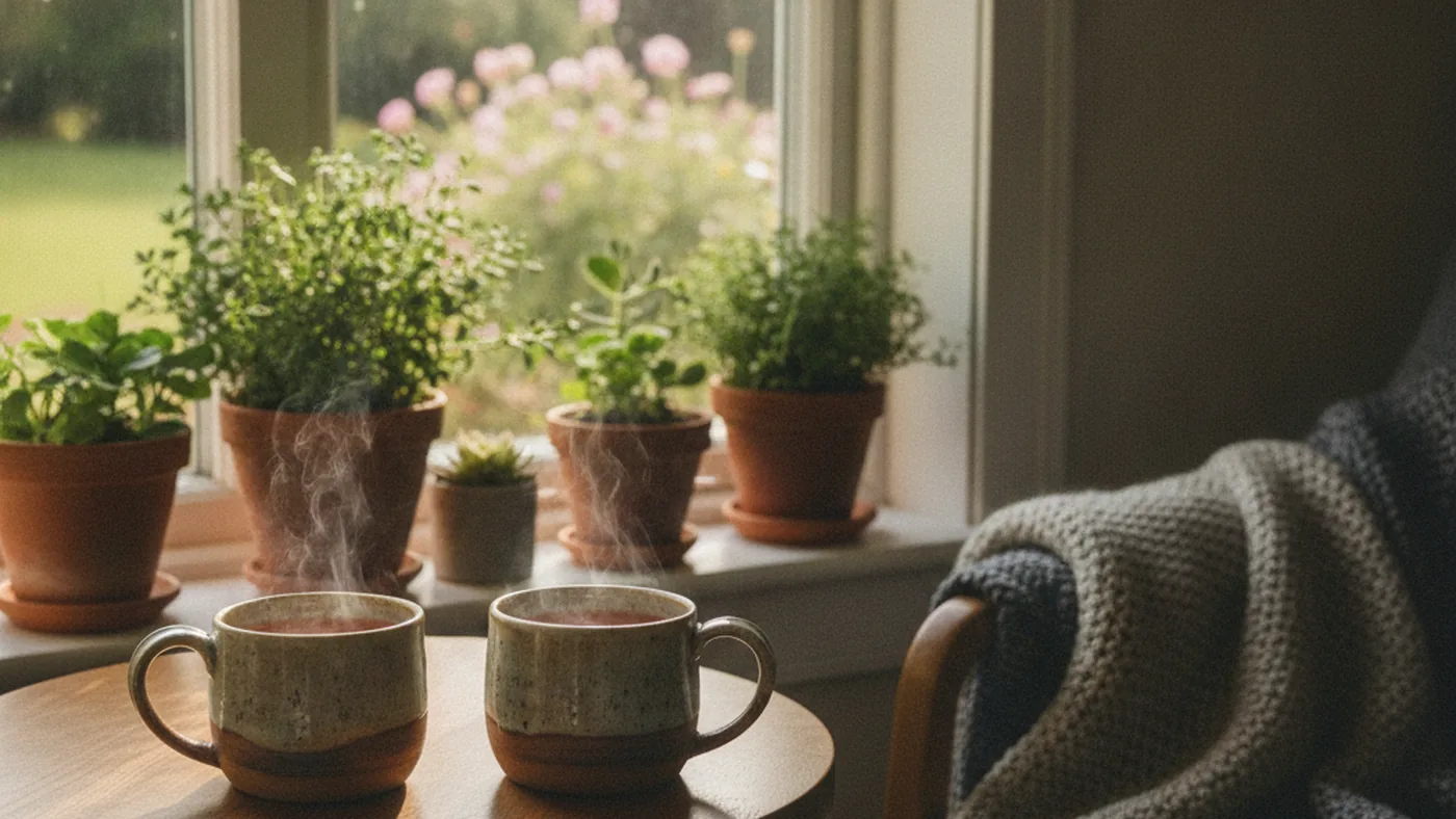 Two mugs of tea on a small table beside a window with soft green plants, suggesting a quiet, low-key conversation with someone you trust