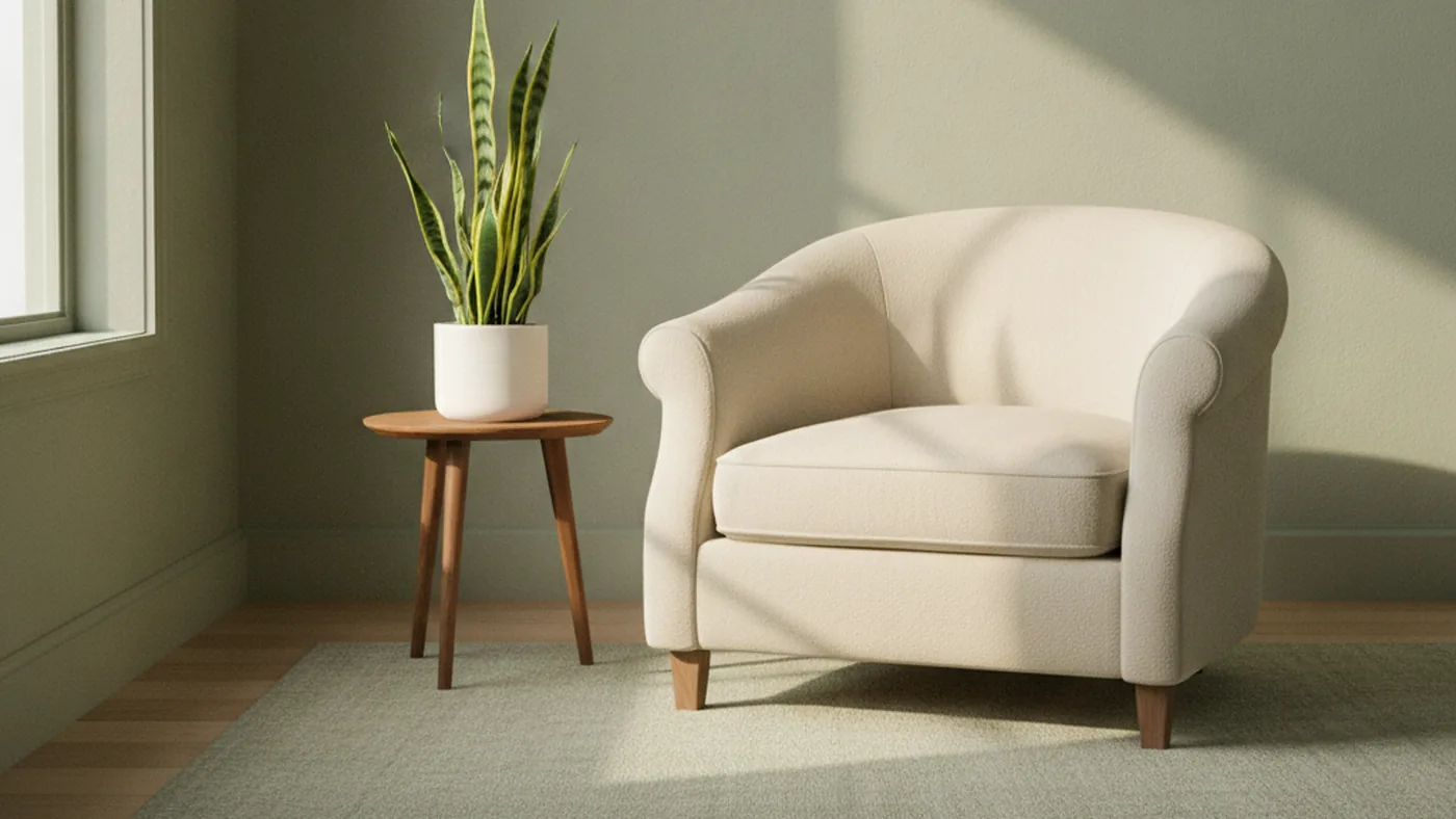 A calm, uncluttered room with a soft armchair, a small side table, and natural light, suggesting a quiet space to talk
