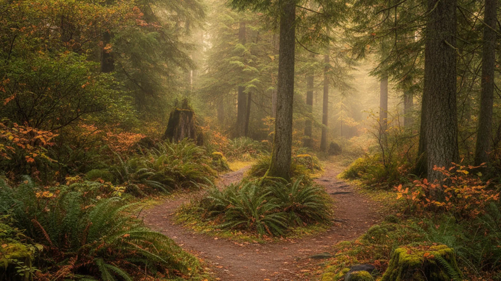 A misty forest trail in early autumn that divides into two paths, suggesting the choices that come with feeling stuck in life