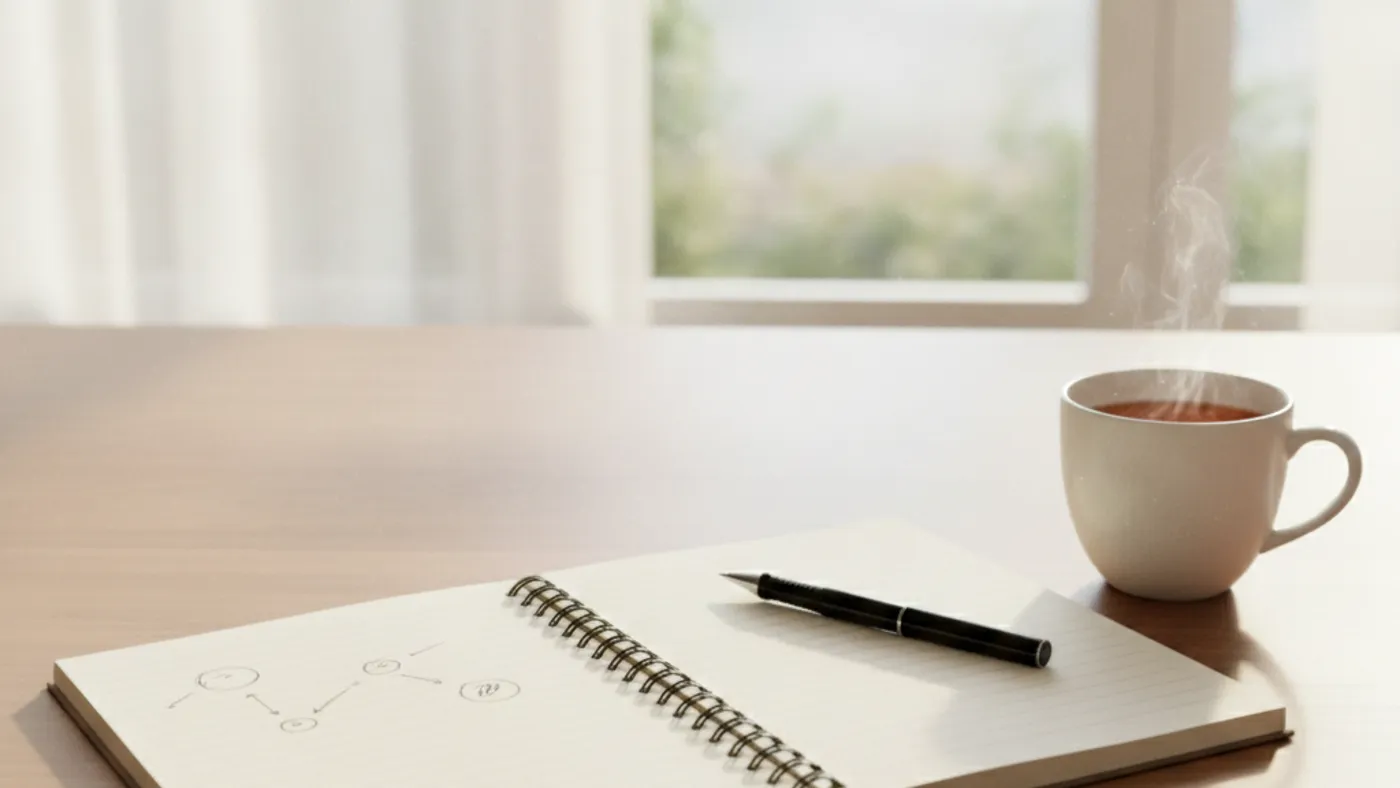 An open notebook with a few simple sketched circles and arrows beside a cup of tea by a bright window, suggesting early planning and reflection
