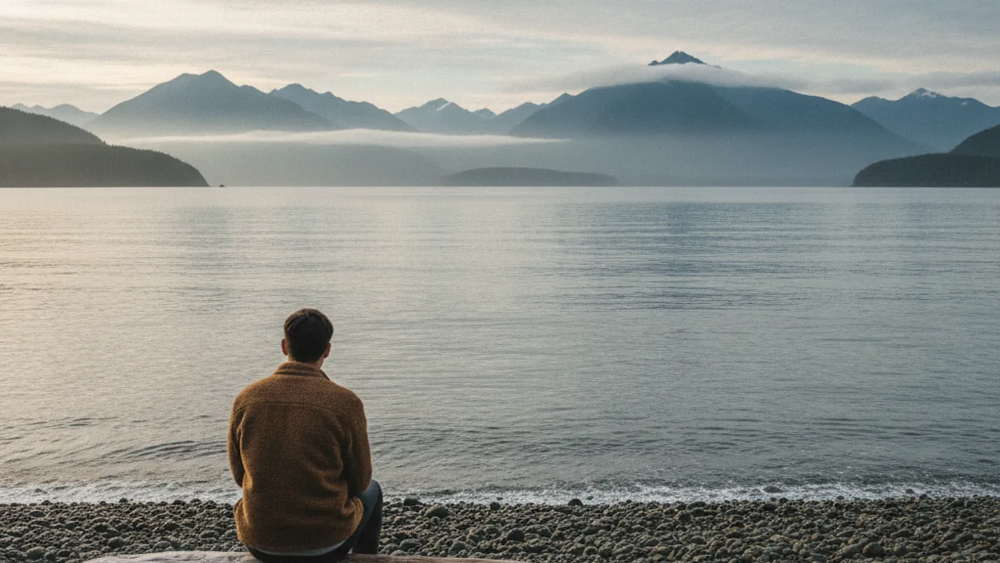 A person seen from behind sitting on a driftwood log on a pebble beach, looking out at calm water and distant mountains