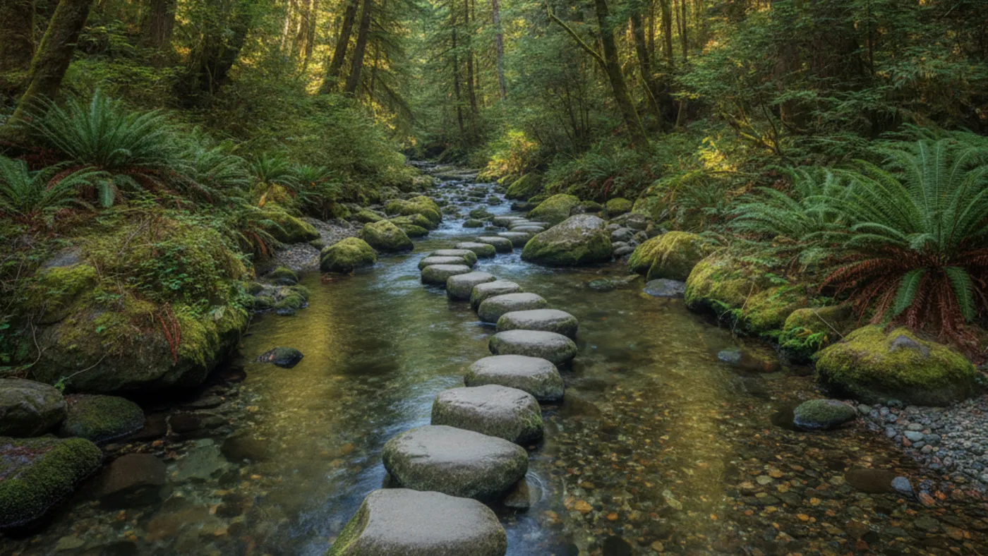 Flat stepping stones crossing a clear forest creek one at a time, suggesting steady progress through small steps