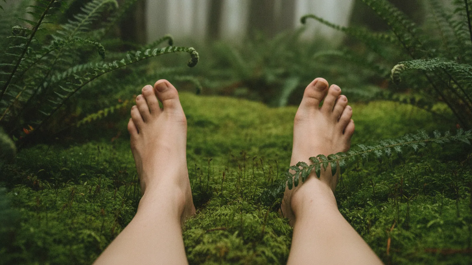 Bare feet resting on a soft moss-covered forest floor among ferns, illustrating grounding techniques for trauma