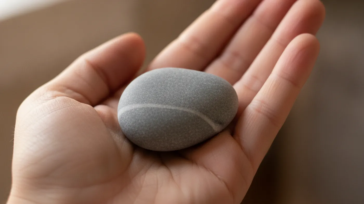 A hand holding a smooth grey beach stone in soft natural light, used as a grounding object