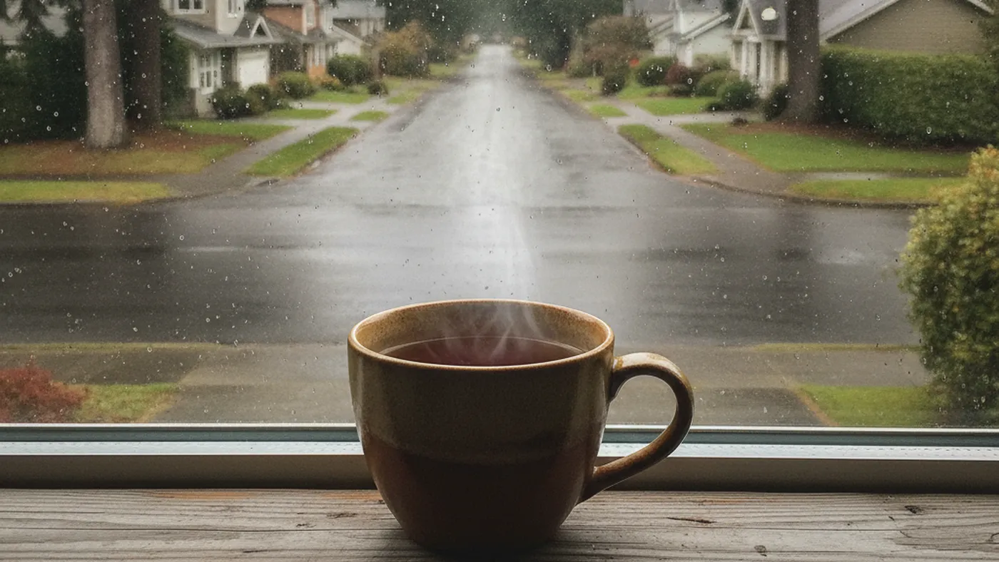 A steaming cup of tea on a windowsill overlooking a quiet, rainy residential street lined with evergreen trees