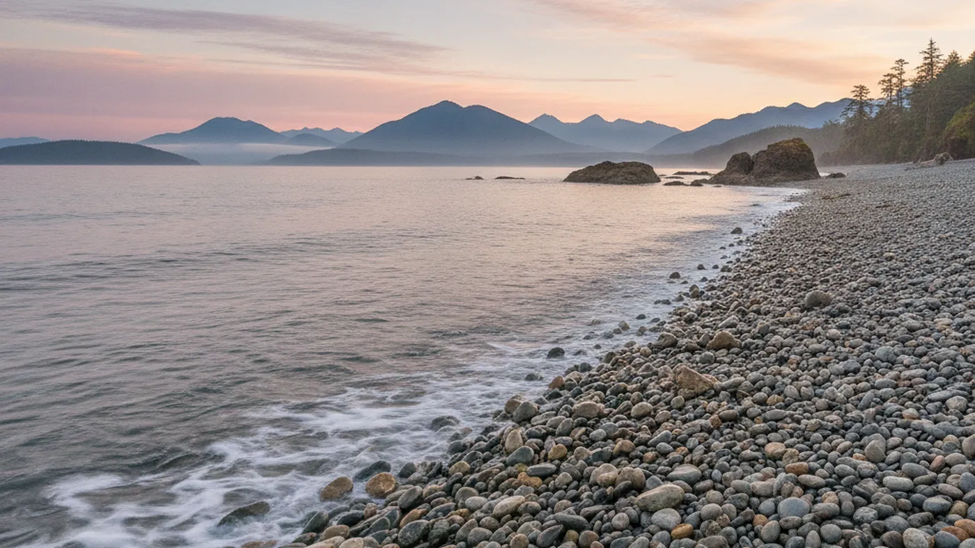 A calm pebble shoreline at dawn with gentle waves and distant mountains, suggesting steadiness