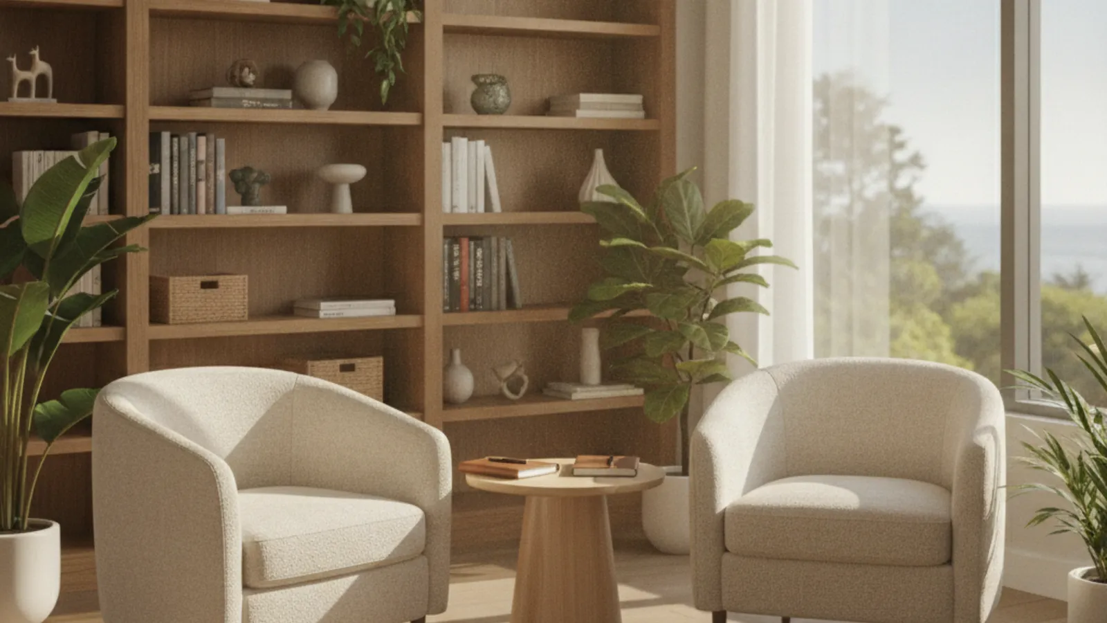 Two armchairs facing each other beside a small table in a bright, calm office, suggesting a clinical supervision conversation