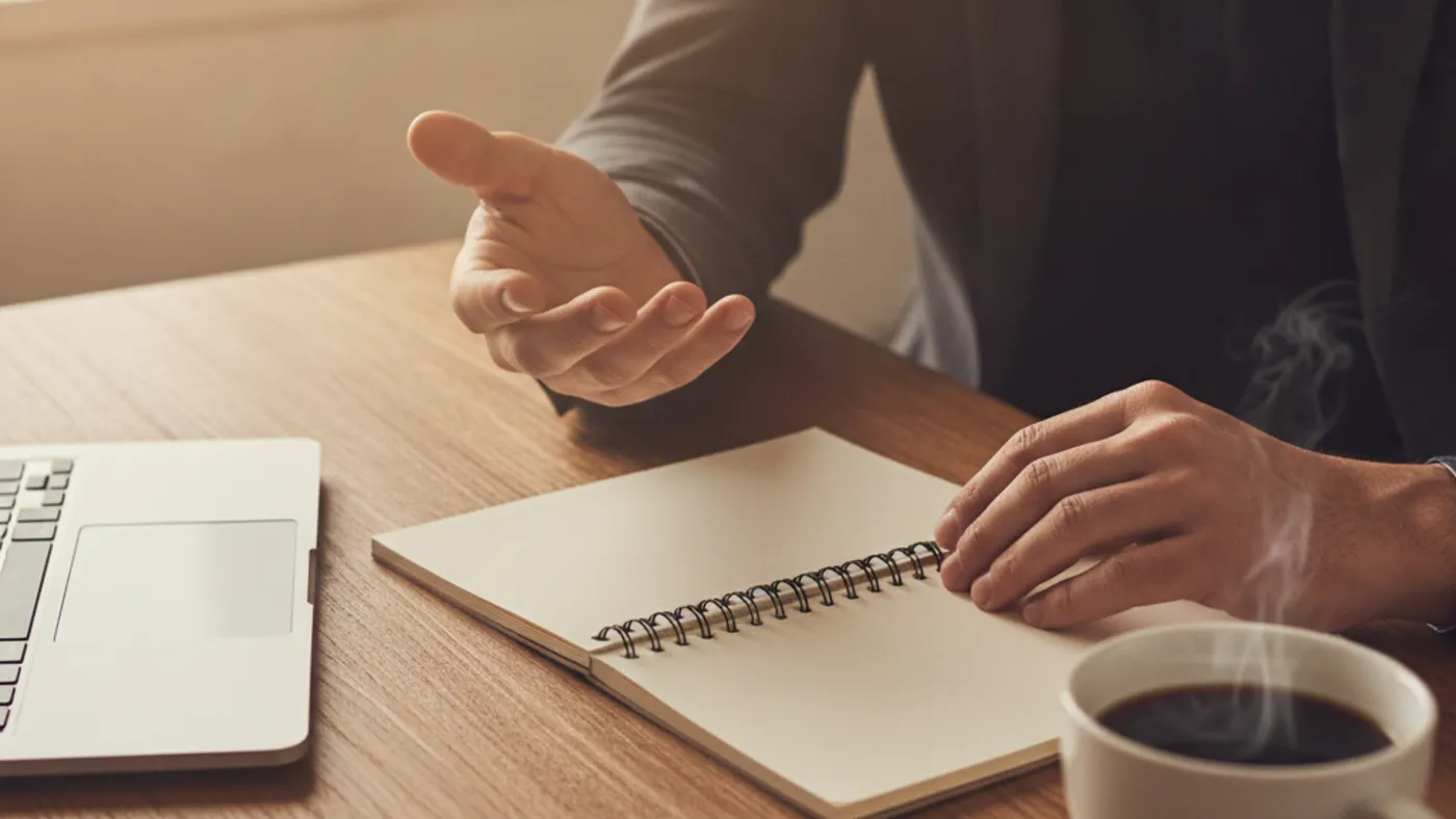 Two people's hands over a wooden table with an open notebook and a cup of coffee, one hand gesturing mid-conversation