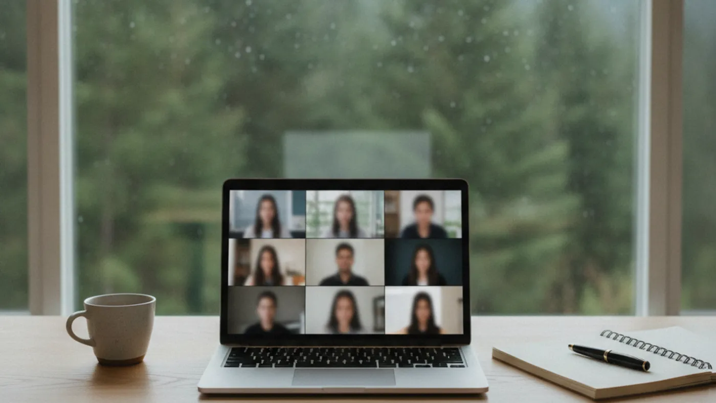 A laptop on a tidy desk showing a blurred video call, with a notebook and pen beside it and evergreen trees outside a rainy window