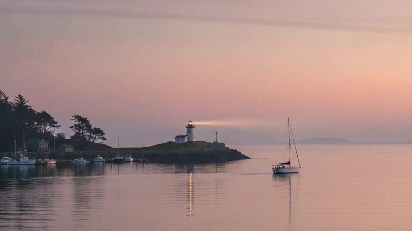 A small lighthouse on a rocky point guiding a sailboat into a calm harbour at dawn, suggesting steady guidance