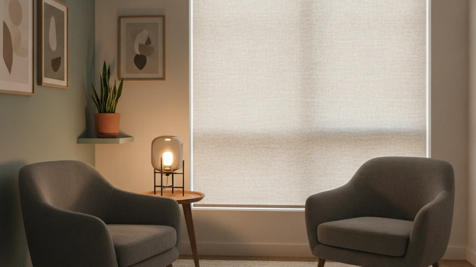 A calm, dimly lit room with two comfortable armchairs, a soft lamp and closed blinds, set up for a low-stimulation counselling session after a concussion