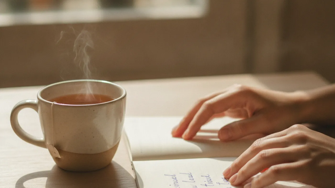 A person's hands resting on a notebook with a short handwritten list, beside a cup of tea in soft natural light, suggesting notes kept between counselling sessions