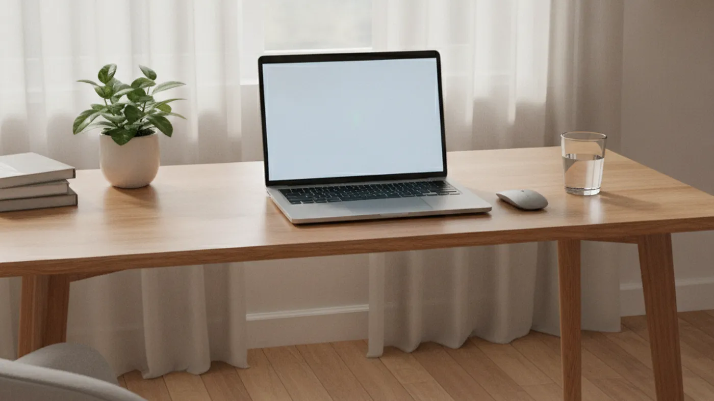 An open laptop on a tidy desk beside a window with soft daylight and a houseplant, set up for a quiet online counselling session at home