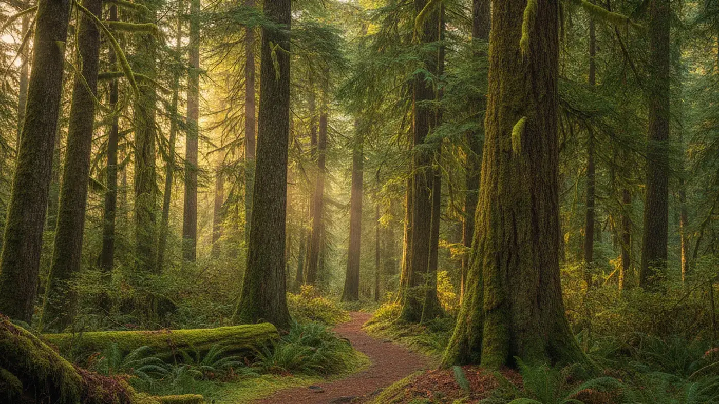 A quiet forest trail with tall evergreen trees and soft, filtered light, suggesting a gradual, steady path through concussion recovery