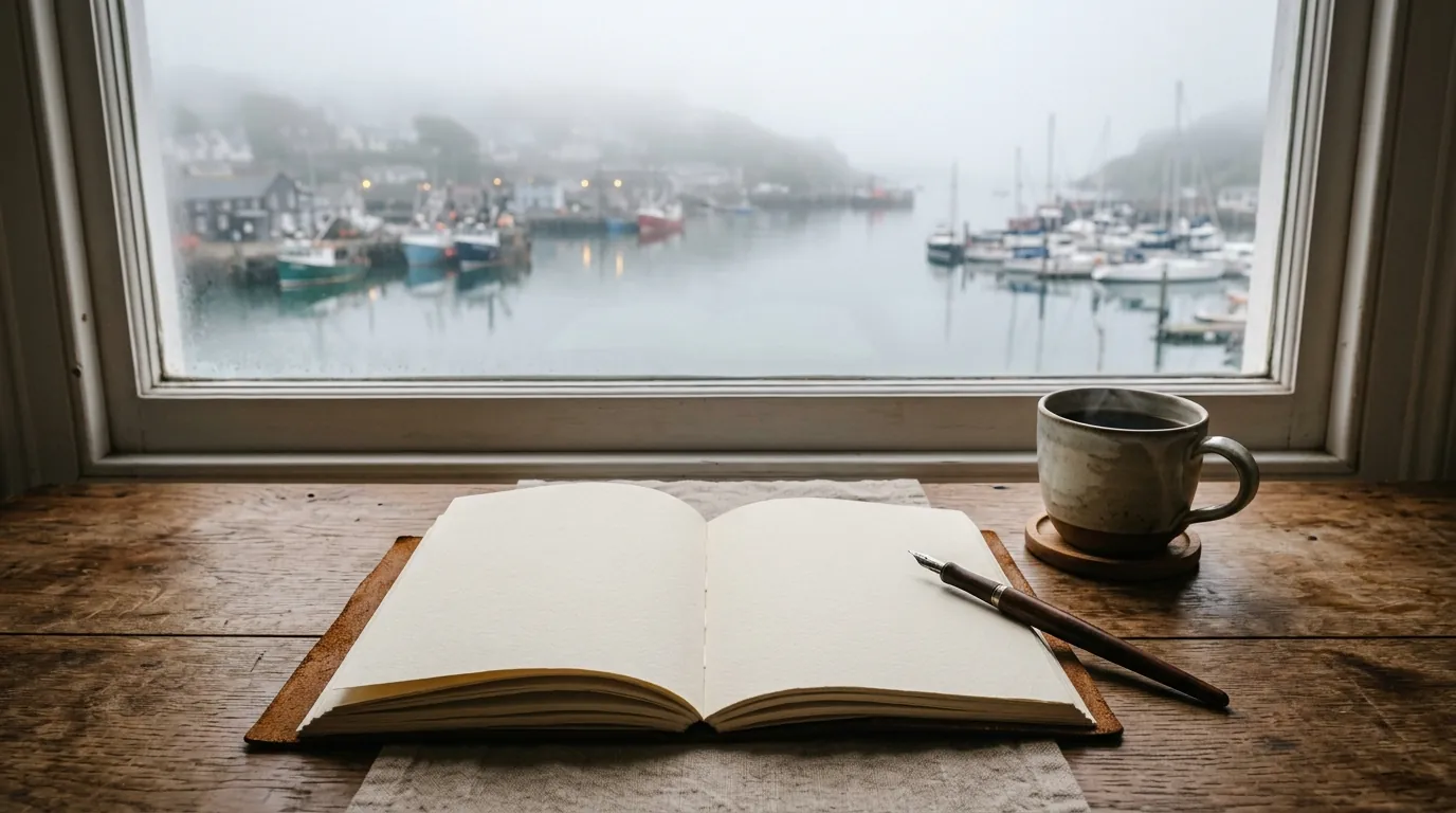 An open blank journal and pen on a desk by a window overlooking a misty harbour, a quiet moment for deciding between a life coach and a counsellor