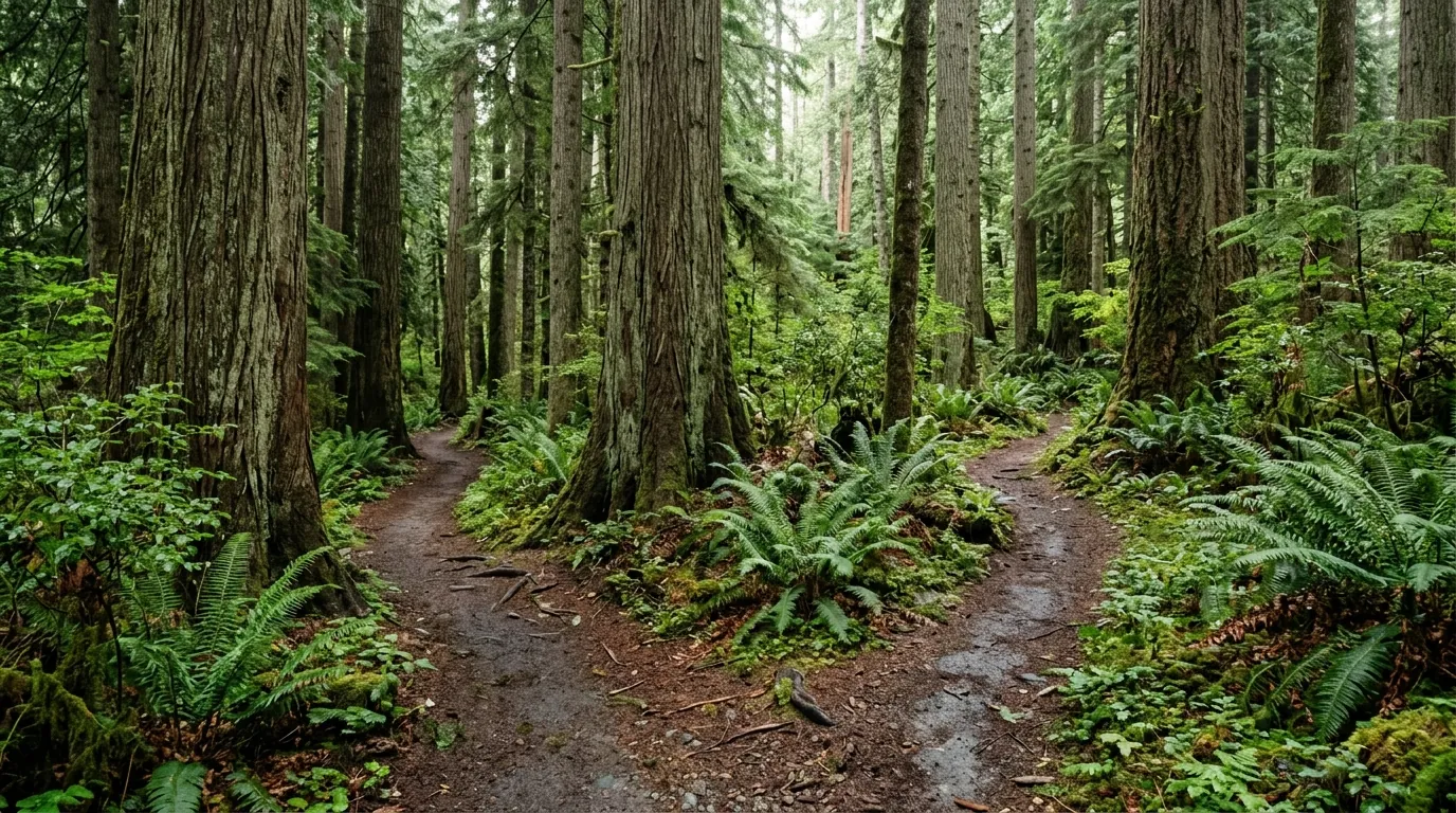 A fork in a forest trail in a coastal British Columbia rainforest with tall cedars and ferns