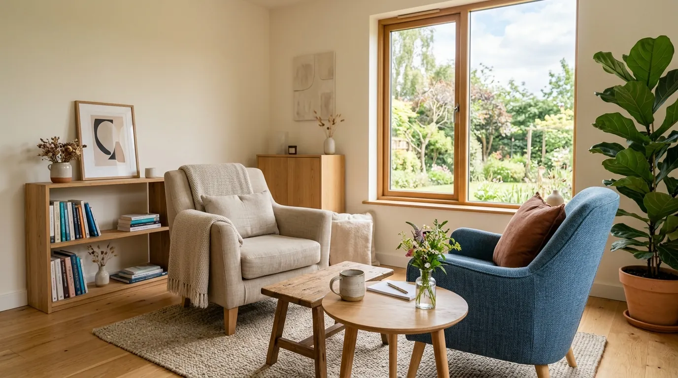 A bright counselling office with two armchairs facing each other, a bookshelf and a plant by the window