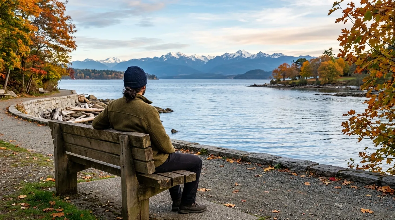 A person seen from behind sitting on a waterfront bench looking out at the ocean and distant mountains on an autumn morning
