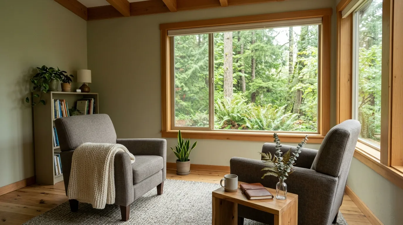 A quiet counselling room with two armchairs, a soft throw blanket and a window onto green trees, set up for a first PTSD counselling session