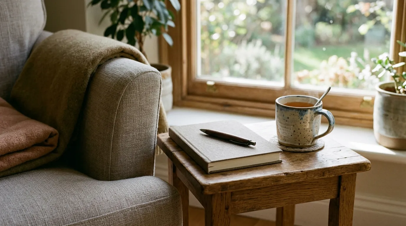 A notebook, a pen and a cup of tea on a small wooden side table beside an armchair in soft daylight