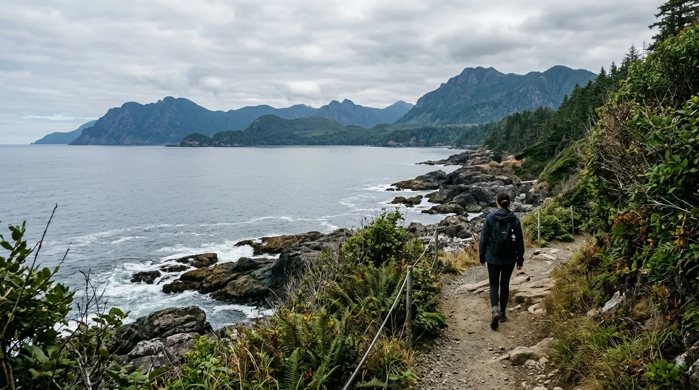 A person seen from behind walking along a quiet seaside path on a calm, overcast morning, suggesting steady progress in PTSD counselling