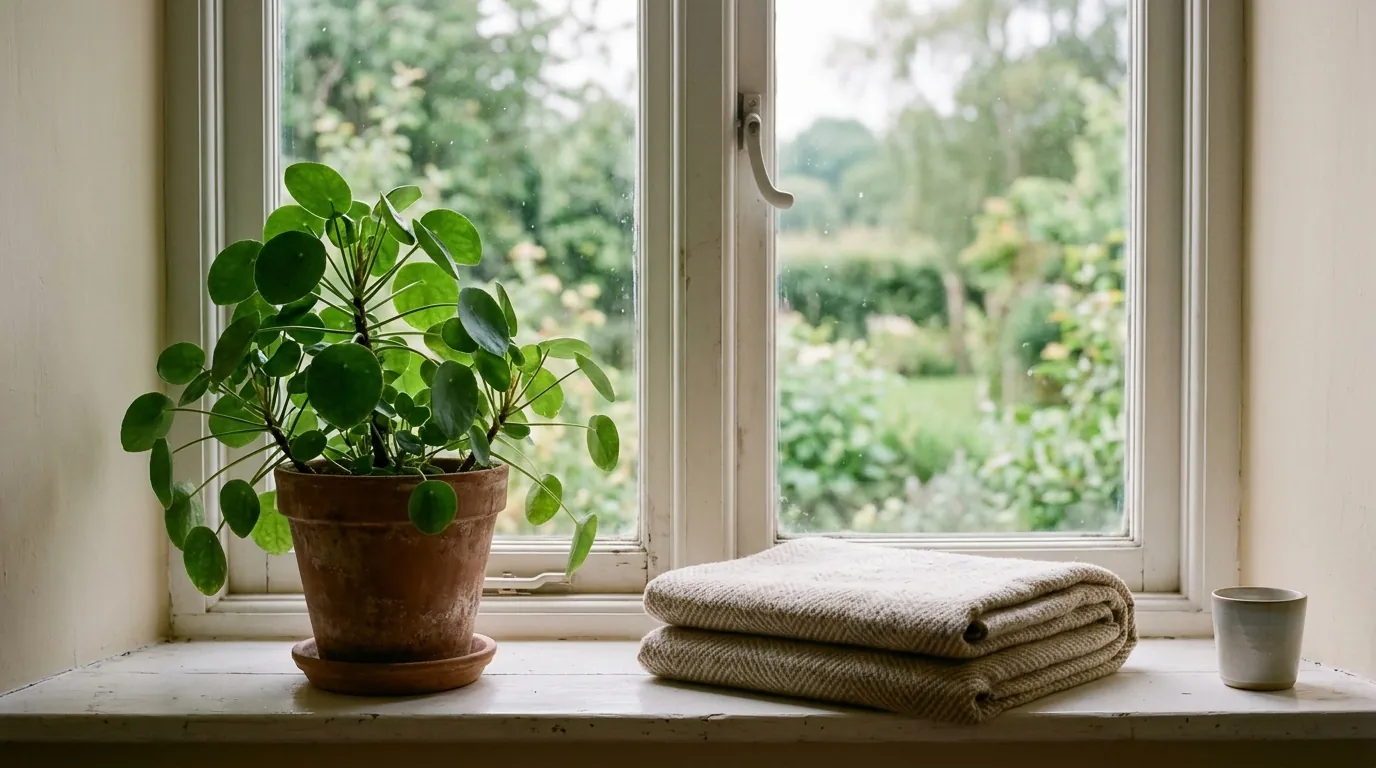Soft morning light through a window onto a houseplant and a folded blanket on a windowsill