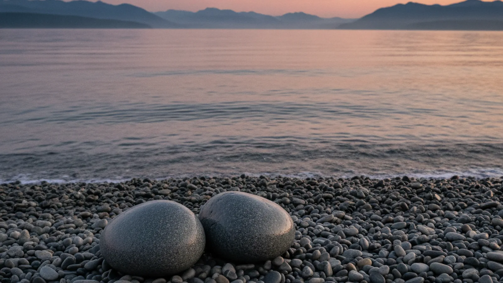 Two smooth stones resting side by side on a calm shoreline at dawn, suggesting two related but distinct experiences of trauma