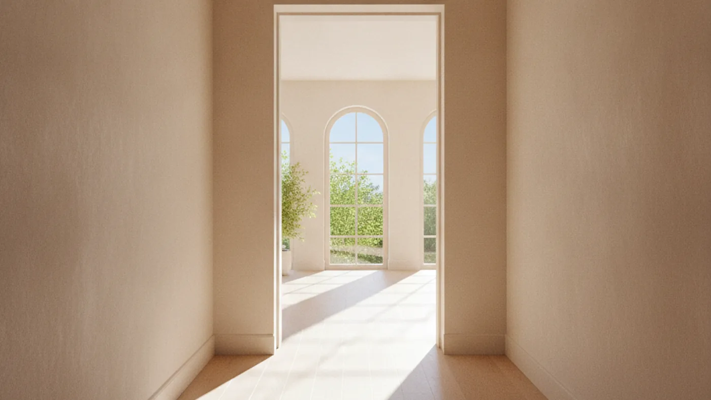 A softly lit hallway with an open door leading into a bright room, suggesting the sense of moving from past threat toward present safety