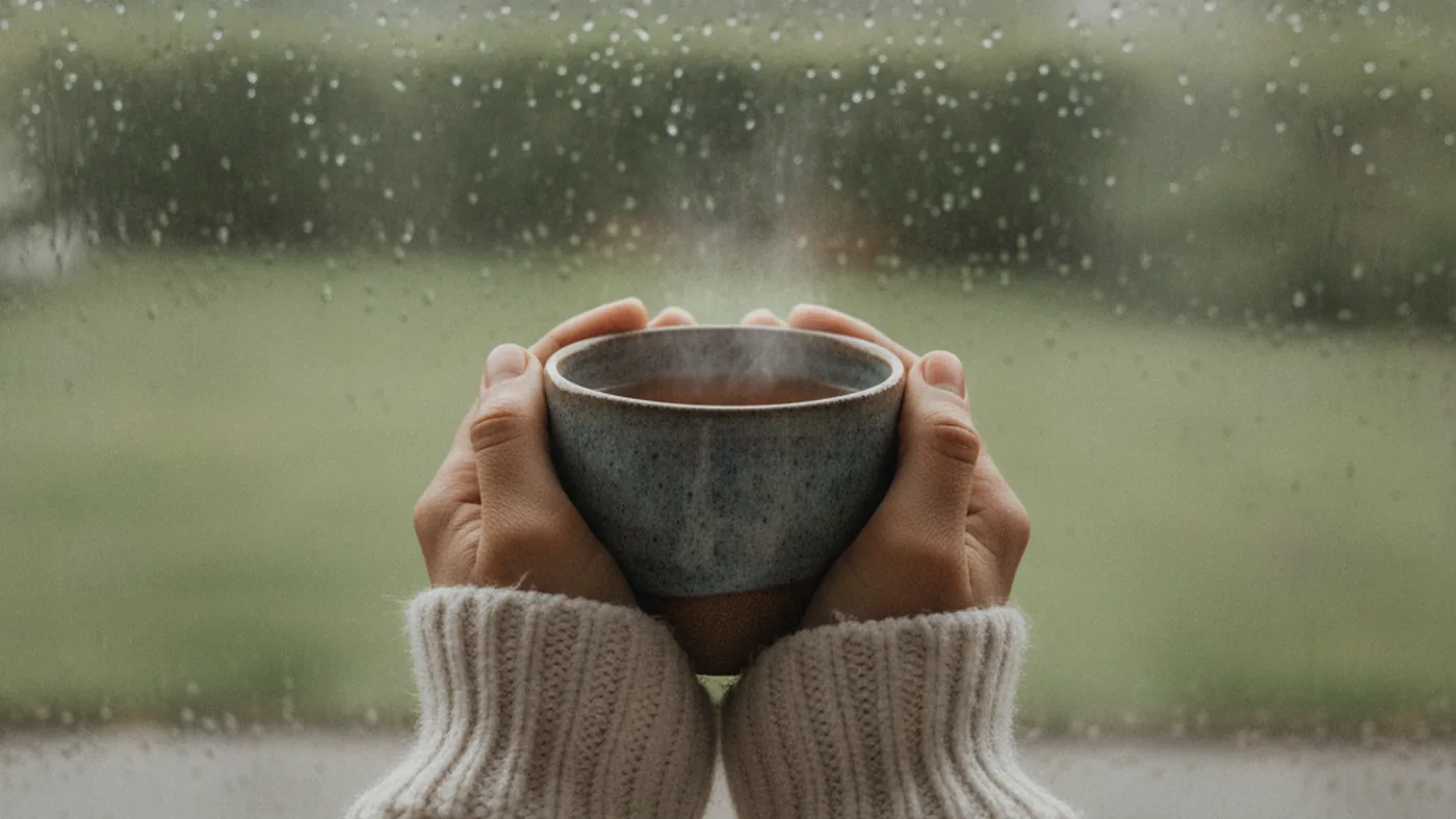 A single mug of tea held in two hands beside a rain-streaked window, suggesting quiet reflection and self-compassion