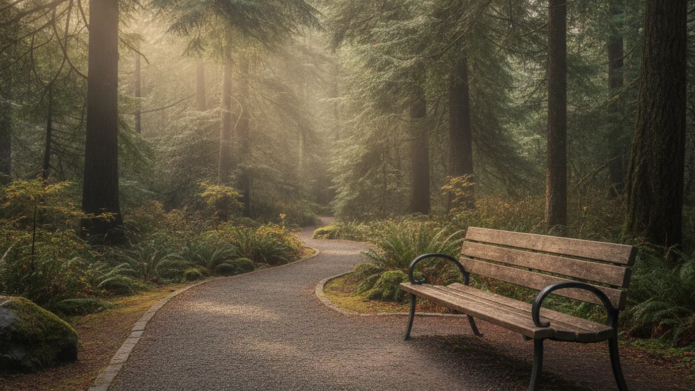 A quiet park bench beneath evergreen trees on a calm morning, suggesting a steady place to pause and breathe