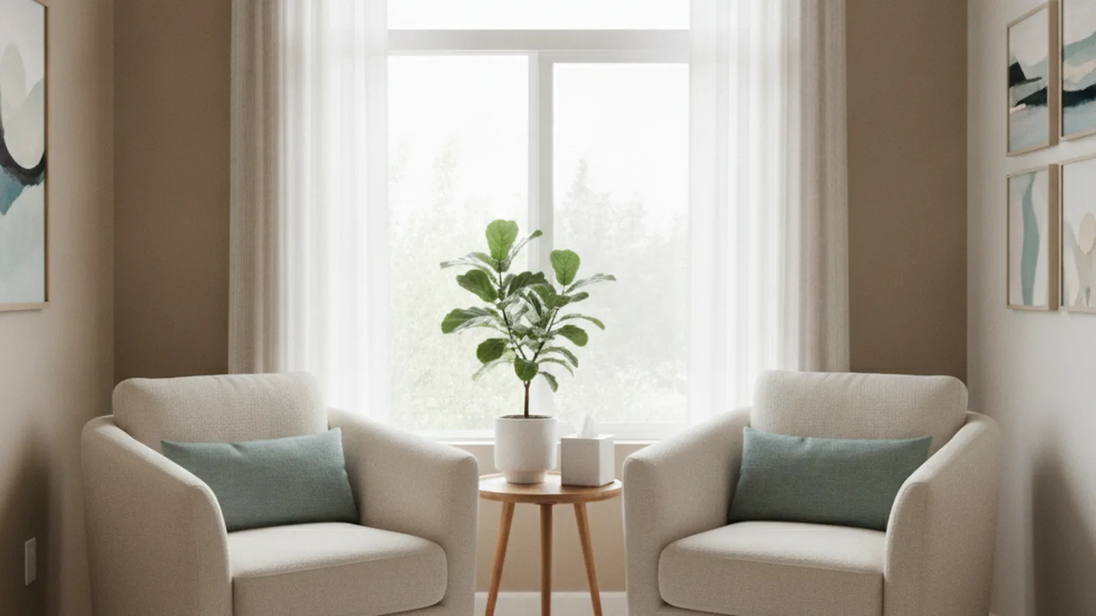 Two armchairs facing each other in a calm, softly lit counselling room with a plant and a window, ready for a depression counselling session