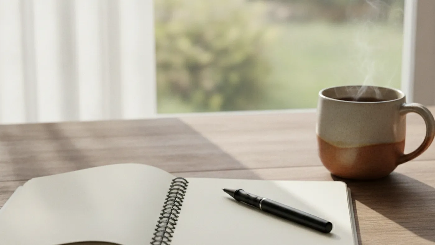 A notebook and pen beside a mug of tea on a wooden table in soft window light, suggesting reflection in early depression counselling sessions
