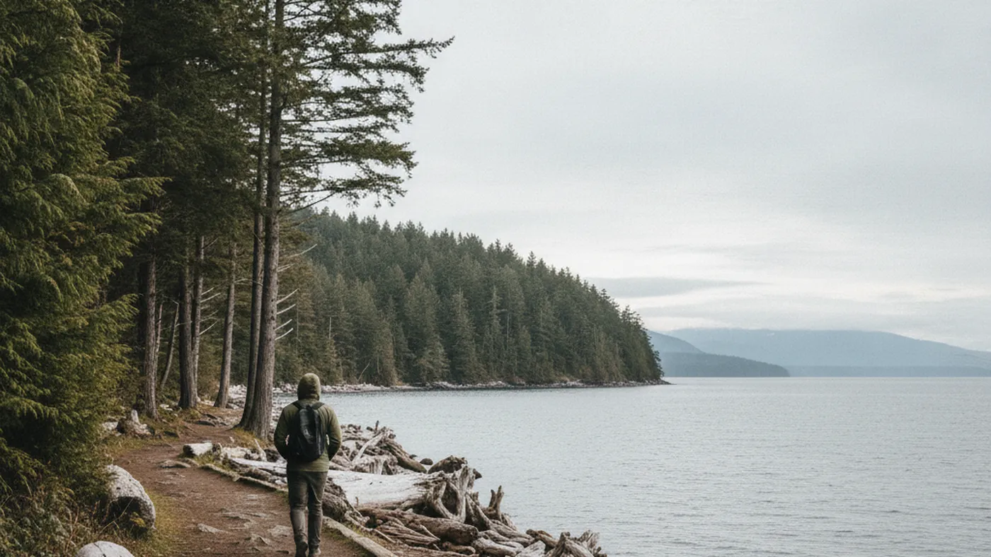 A person walking along a quiet seaside path on an overcast morning, seen from behind, suggesting small steps forward during depression counselling