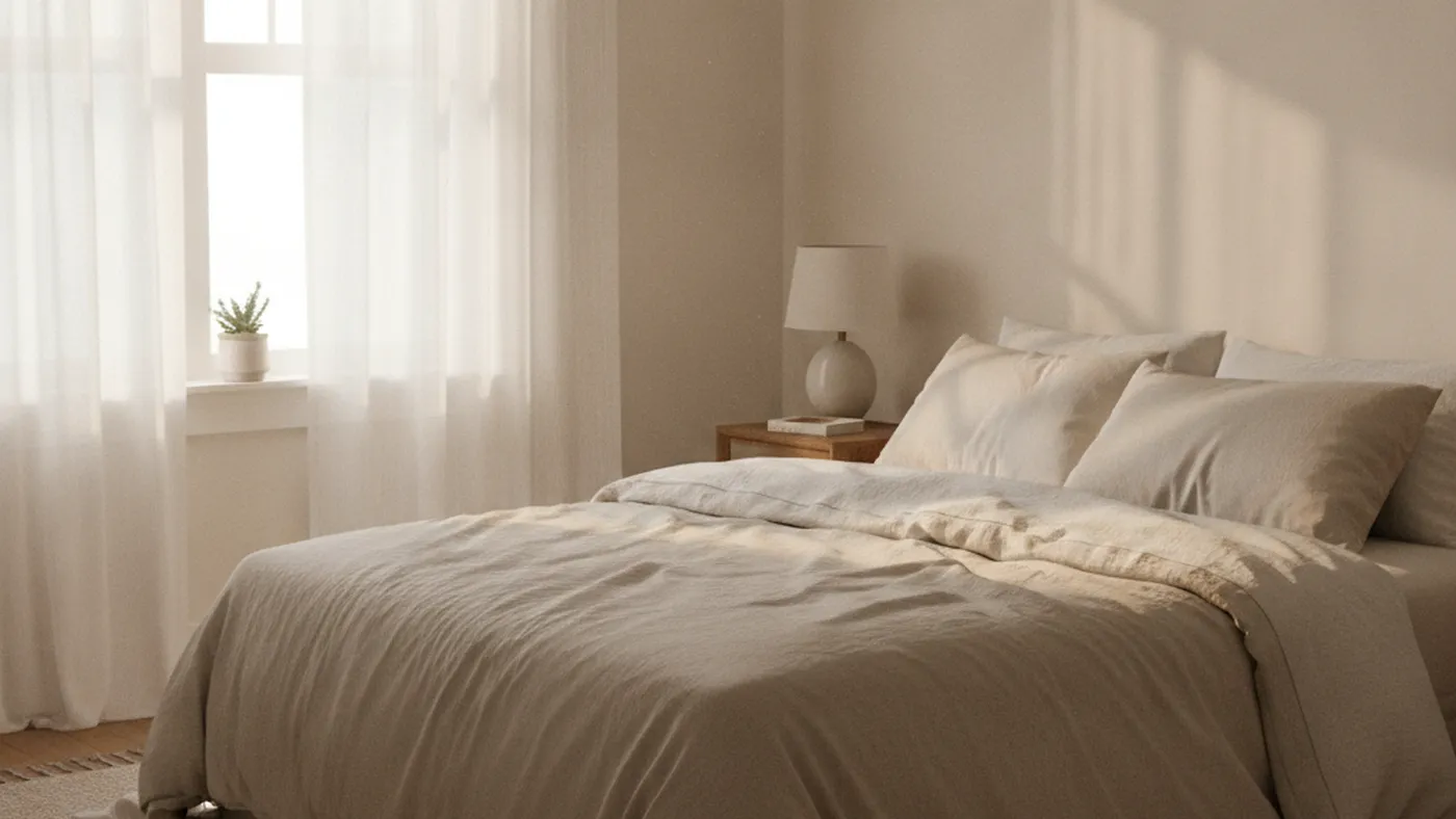 Morning light coming through sheer curtains into a quiet bedroom with soft linen bedding, suggesting a gentle start to the day
