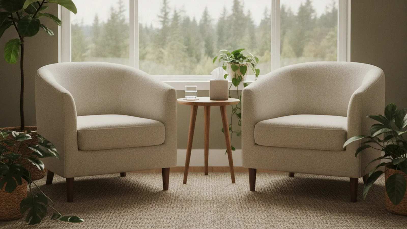 Two empty armchairs with a small table between them in a bright, calm counselling room, ready for a Gottman Method couples counselling session