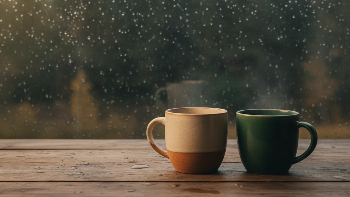 Two mugs of tea on a wooden table beside a rain-flecked window, suggesting a calm conversation between partners