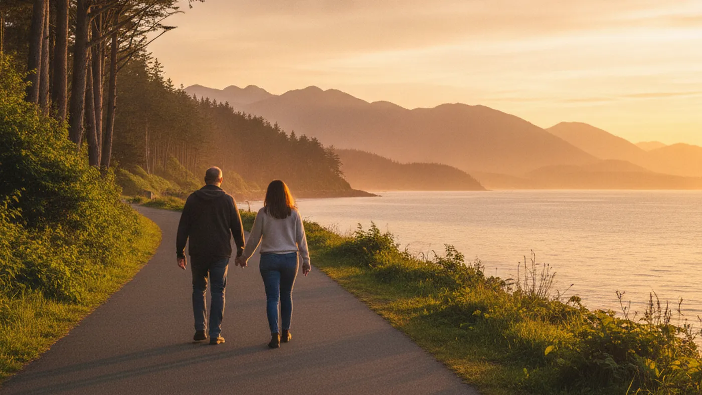 Two people walking hand in hand along a quiet waterfront path at sunset, seen from behind