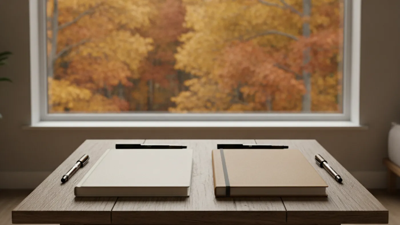 A small table with two closed notebooks and pens in front of a window looking out on autumn trees, suggesting a couple preparing together